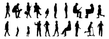 Vektör siluetleri, insanların ana hatları, Contour çizimleri, insanların siluetleri, ikon kümesi izole edilmiş, oturan insanların silueti, mimari set