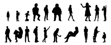 Vektör siluetleri, insanların ana hatları, Contour çizimleri, insanların siluetleri, ikon kümesi izole edilmiş, oturan insanların silueti, mimari set