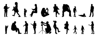 Vektör siluetleri, insanların ana hatları, Contour çizimleri, insanların siluetleri, ikon kümesi izole edilmiş, oturan insanların silueti, mimari set