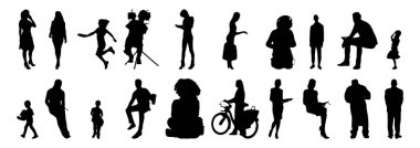 Vektör siluetleri, insanların ana hatları, Contour çizimleri, insanların siluetleri, ikon kümesi izole edilmiş, oturan insanların silueti, mimari set