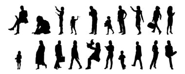 Vektör siluetleri, insanların ana hatları, Contour çizimleri, insanların siluetleri, ikon kümesi izole edilmiş, oturan insanların silueti, mimari set