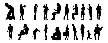 Vektör siluetleri, insanların ana hatları, Contour çizimleri, insanların siluetleri, ikon kümesi izole edilmiş, oturan insanların silueti, mimari set