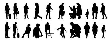 Vektör siluetleri, insanların ana hatları, Contour çizimleri, insanların siluetleri, ikon kümesi izole edilmiş, oturan insanların silueti, mimari set
