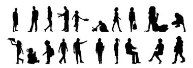 Vektör siluetleri, insanların ana hatları, Contour çizimleri, insanların siluetleri, ikon kümesi izole edilmiş, oturan insanların silueti, mimari set