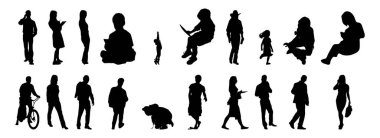 Vektör siluetleri, insanların ana hatları, Contour çizimleri, insanların siluetleri, ikon kümesi izole edilmiş, oturan insanların silueti, mimari set