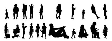 Vektör siluetleri, insanların ana hatları, Contour çizimleri, insanların siluetleri, ikon kümesi izole edilmiş, oturan insanların silueti, mimari set