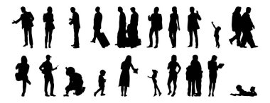 Vektör siluetleri, insanların ana hatları, Contour çizimleri, insanların siluetleri, ikon kümesi izole edilmiş, oturan insanların silueti, mimari set