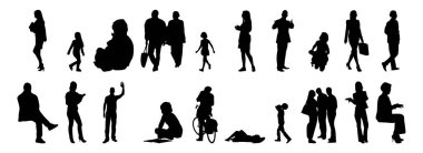 Vektör siluetleri, insanların ana hatları, Contour çizimleri, insanların siluetleri, ikon kümesi izole edilmiş, oturan insanların silueti, mimari set