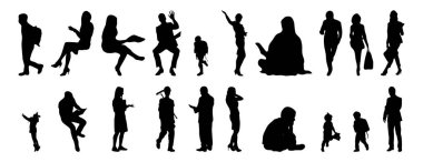 Vektör siluetleri, insanların ana hatları, Contour çizimleri, insanların siluetleri, ikon kümesi izole edilmiş, oturan insanların silueti, mimari set