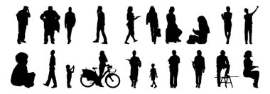 Vektör siluetleri, insanların ana hatları, Contour çizimleri, insanların siluetleri, ikon kümesi izole edilmiş, oturan insanların silueti, mimari set