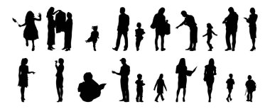 Vektör siluetleri, insanların ana hatları, Contour çizimleri, insanların siluetleri, ikon kümesi izole edilmiş, oturan insanların silueti, mimari set