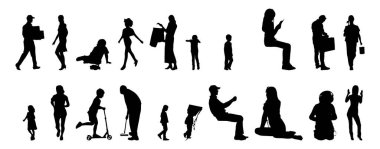 Vektör siluetleri, insanların ana hatları, Contour çizimleri, insanların siluetleri, ikon kümesi izole edilmiş, oturan insanların silueti, mimari set