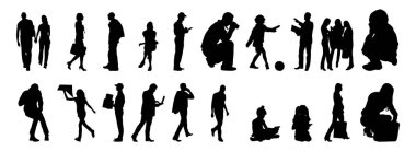 Vektör siluetleri, insanların ana hatları, Contour çizimleri, insanların siluetleri, ikon kümesi izole edilmiş, oturan insanların silueti, mimari set