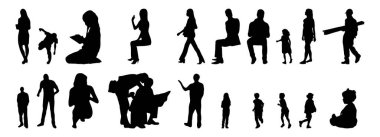 Vektör siluetleri, insanların ana hatları, Contour çizimleri, insanların siluetleri, ikon kümesi izole edilmiş, oturan insanların silueti, mimari set