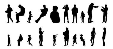 Vektör siluetleri, insanların ana hatları, Contour çizimleri, insanların siluetleri, ikon kümesi izole edilmiş, oturan insanların silueti, mimari set