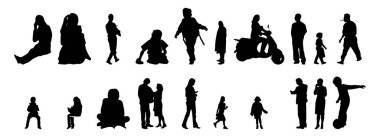 Vektör siluetleri, insanların ana hatları, Contour çizimleri, insanların siluetleri, ikon kümesi izole edilmiş, oturan insanların silueti, mimari set