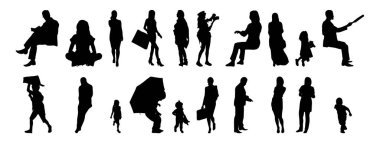 Vektör siluetleri, insanların ana hatları, Contour çizimleri, insanların siluetleri, ikon kümesi izole edilmiş, oturan insanların silueti, mimari set