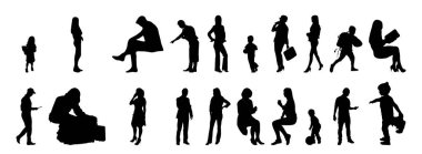 Vektör siluetleri, insanların ana hatları, Contour çizimleri, insanların siluetleri, ikon kümesi izole edilmiş, oturan insanların silueti, mimari set