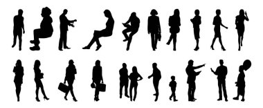 Vektör siluetleri, insanların ana hatları, Contour çizimleri, insanların siluetleri, ikon kümesi izole edilmiş, oturan insanların silueti, mimari set