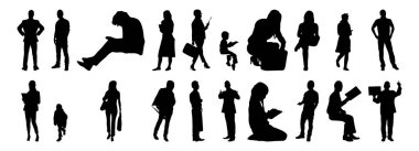 Vektör siluetleri, insanların ana hatları, Contour çizimleri, insanların siluetleri, ikon kümesi izole edilmiş, oturan insanların silueti, mimari set