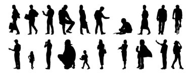 Vektör siluetleri, insanların ana hatları, Contour çizimleri, insanların siluetleri, ikon kümesi izole edilmiş, oturan insanların silueti, mimari set