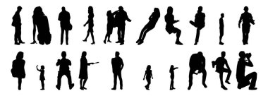 Vektör siluetleri, insanların ana hatları, Contour çizimleri, insanların siluetleri, ikon kümesi izole edilmiş, oturan insanların silueti, mimari set