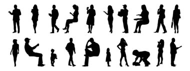 Vektör siluetleri, insanların ana hatları, Contour çizimleri, insanların siluetleri, ikon kümesi izole edilmiş, oturan insanların silueti, mimari set