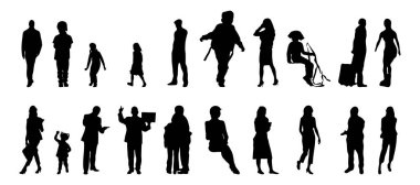 Vektör siluetleri, insanların ana hatları, Contour çizimleri, insanların siluetleri, ikon kümesi izole edilmiş, oturan insanların silueti, mimari set