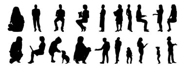 Vektör siluetleri, insanların ana hatları, Contour çizimleri, insanların siluetleri, ikon kümesi izole edilmiş, oturan insanların silueti, mimari set