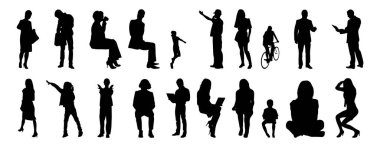 Vektör siluetleri, insanların ana hatları, Contour çizimleri, insanların siluetleri, ikon kümesi izole edilmiş, oturan insanların silueti, mimari set
