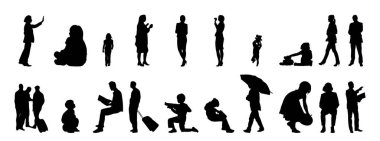 Vektör siluetleri, insanların ana hatları, Contour çizimleri, insanların siluetleri, ikon kümesi izole edilmiş, oturan insanların silueti, mimari set