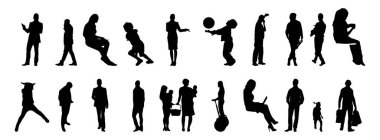 Vektör siluetleri, insanların ana hatları, Contour çizimleri, insanların siluetleri, ikon kümesi izole edilmiş, oturan insanların silueti, mimari set