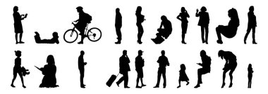 Vektör siluetleri, insanların ana hatları, Contour çizimleri, insanların siluetleri, ikon kümesi izole edilmiş, oturan insanların silueti, mimari set