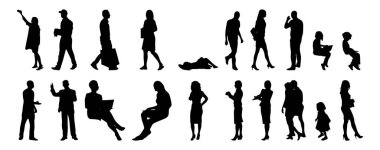 Vektör siluetleri, insanların ana hatları, Contour çizimleri, insanların siluetleri, ikon kümesi izole edilmiş, oturan insanların silueti, mimari set