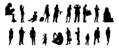 Vektör siluetleri, insanların ana hatları, Contour çizimleri, insanların siluetleri, ikon kümesi izole edilmiş, oturan insanların silueti, mimari set