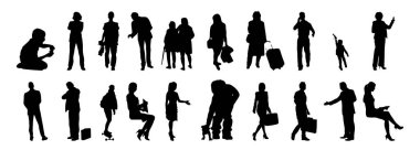 Vektör siluetleri, insanların ana hatları, Contour çizimleri, insanların siluetleri, ikon kümesi izole edilmiş, oturan insanların silueti, mimari set