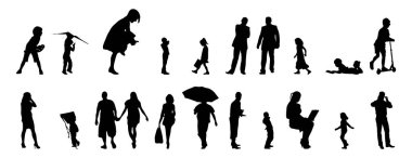 Vektör siluetleri, insanların ana hatları, Contour çizimleri, insanların siluetleri, ikon kümesi izole edilmiş, oturan insanların silueti, mimari set