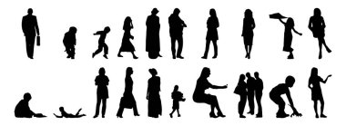 Vektör siluetleri, insanların ana hatları, Contour çizimleri, insanların siluetleri, ikon kümesi izole edilmiş, oturan insanların silueti, mimari set