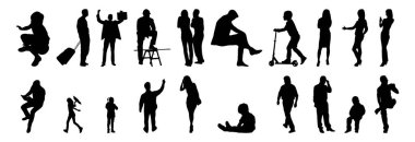 Vektör siluetleri, insanların ana hatları, Contour çizimleri, insanların siluetleri, ikon kümesi izole edilmiş, oturan insanların silueti, mimari set