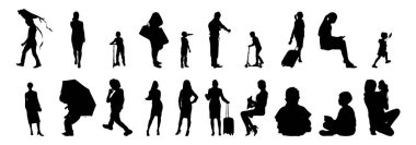 Vektör siluetleri, insanların ana hatları, Contour çizimleri, insanların siluetleri, ikon kümesi izole edilmiş, oturan insanların silueti, mimari set