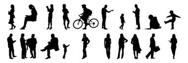 Vektör siluetleri, insanların ana hatları, Contour çizimleri, insanların siluetleri, ikon kümesi izole edilmiş, oturan insanların silueti, mimari set