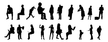 Vektör siluetleri, insanların ana hatları, Contour çizimleri, insanların siluetleri, ikon kümesi izole edilmiş, oturan insanların silueti, mimari set