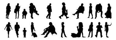 Vektör siluetleri, insanların ana hatları, Contour çizimleri, insanların siluetleri, ikon kümesi izole edilmiş, oturan insanların silueti, mimari set