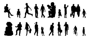 Vektör siluetleri, insanların ana hatları, Contour çizimleri, insanların siluetleri, ikon kümesi izole edilmiş, oturan insanların silueti, mimari set