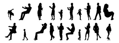 Vektör siluetleri, insanların ana hatları, Contour çizimleri, insanların siluetleri, ikon kümesi izole edilmiş, oturan insanların silueti, mimari set