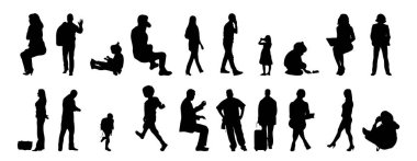 Vektör siluetleri, insanların ana hatları, Contour çizimleri, insanların siluetleri, ikon kümesi izole edilmiş, oturan insanların silueti, mimari set