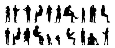 Vektör siluetleri, insanların ana hatları, Contour çizimleri, insanların siluetleri, ikon kümesi izole edilmiş, oturan insanların silueti, mimari set