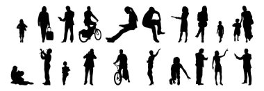 Vektör siluetleri, insanların ana hatları, Contour çizimleri, insanların siluetleri, ikon kümesi izole edilmiş, oturan insanların silueti, mimari set