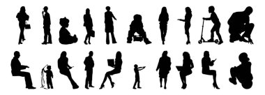 Vektör siluetleri, insanların ana hatları, Contour çizimleri, insanların siluetleri, ikon kümesi izole edilmiş, oturan insanların silueti, mimari set