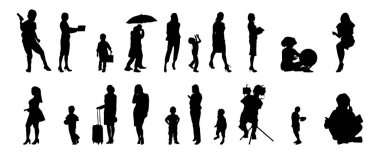 Vektör siluetleri, insanların ana hatları, Contour çizimleri, insanların siluetleri, ikon kümesi izole edilmiş, oturan insanların silueti, mimari set